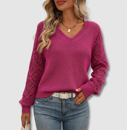Comfortable Crochet Sweater for Women with V Neck Long Sleeve Openwork Relaxed Oversized Knit Style