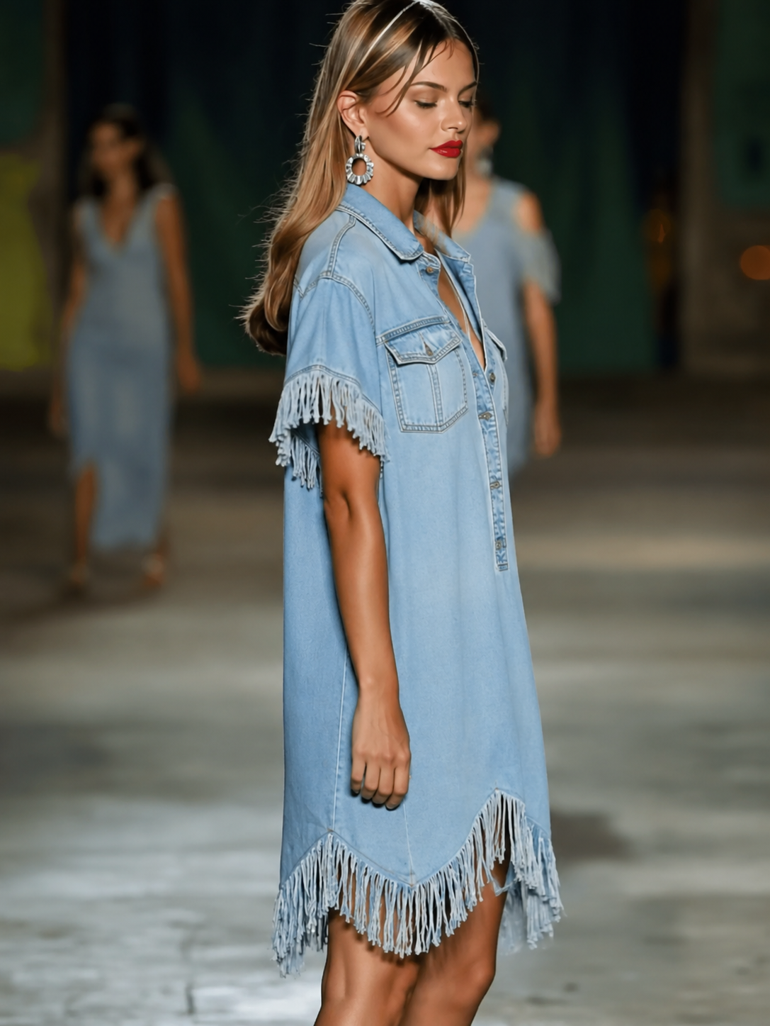Effortless Light Blue Denim Mini Dress for Women with Collar Short Sleeve Fringe Trim Casual Style