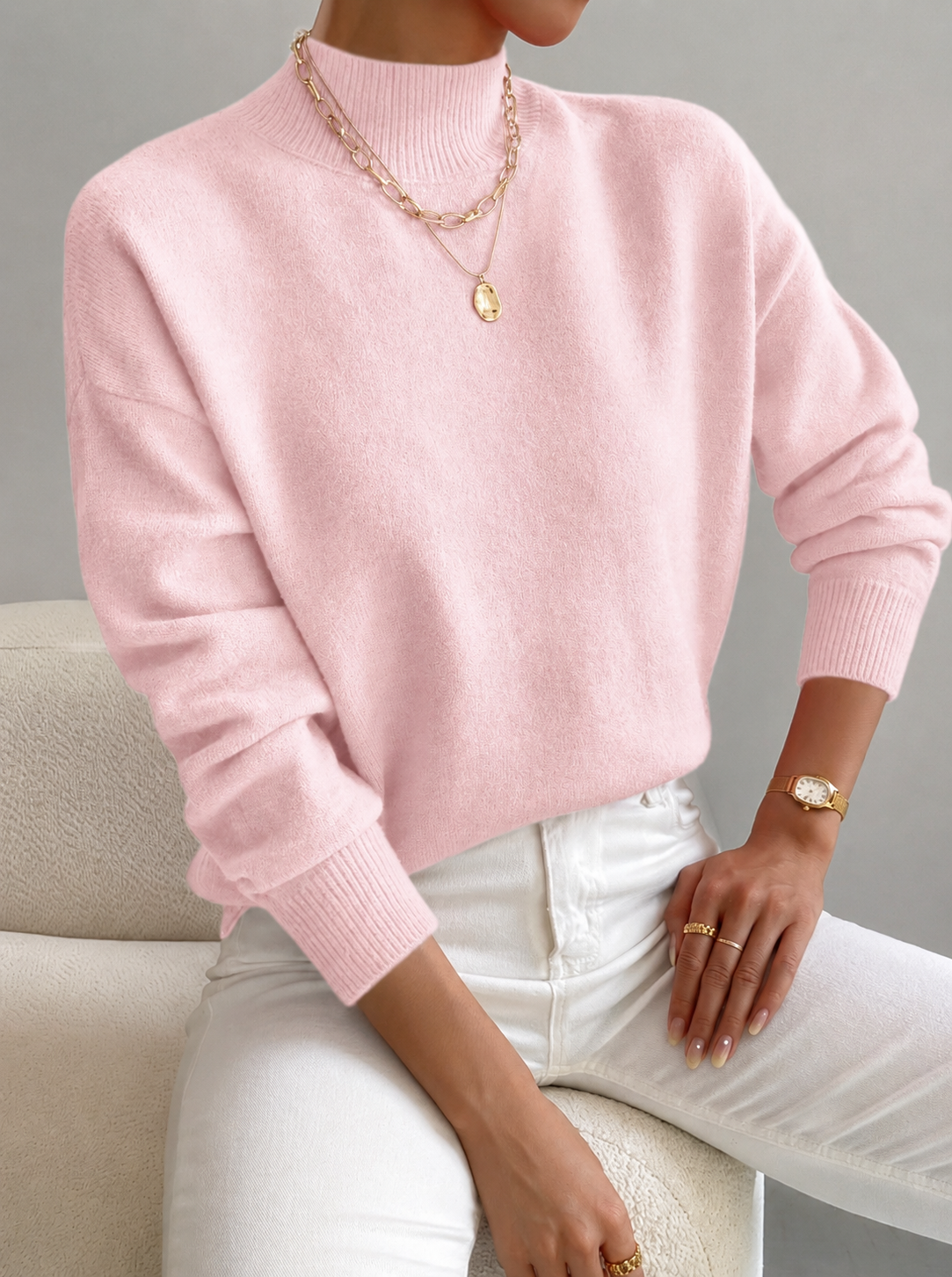 Comfortable Knit Sweater for Women with Mock Neck Long Sleeve Relaxed Oversized Style