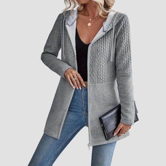 Comfortable Cable Knit Colorblock Cardigan for Women with Hooded Long Sleeve Zip Front Oversized Knit Style