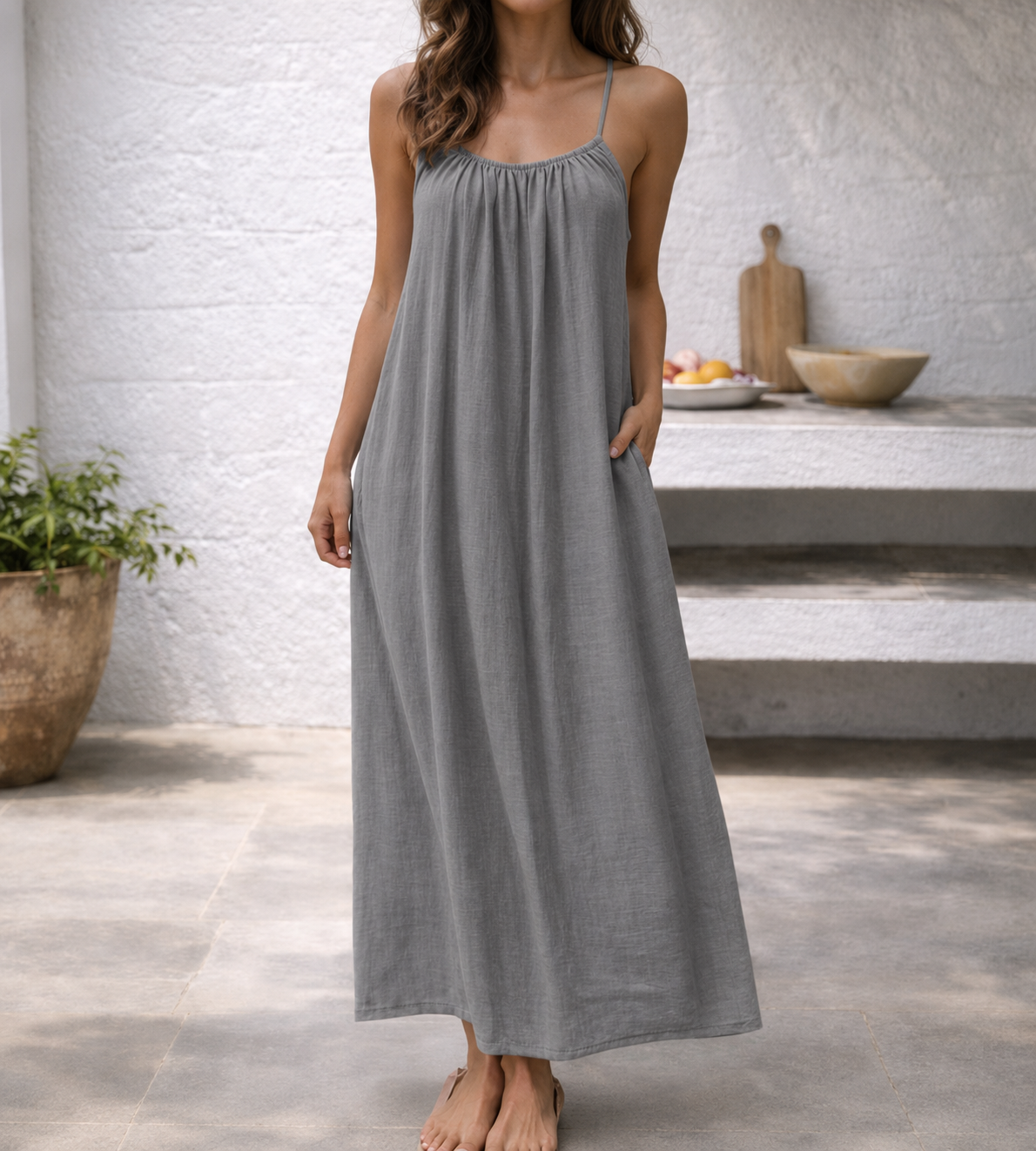 Effortless Linen Maxi Dress for Women with Scoop Neck Spaghetti Strap Flowing Bohemian Style