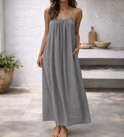 Effortless Linen Maxi Dress for Women with Scoop Neck Spaghetti Strap Flowing Bohemian Style