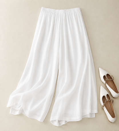 Effortless Linen Wide Leg Pants for Women with Elastic Waist Cropped Flowing Casual Style