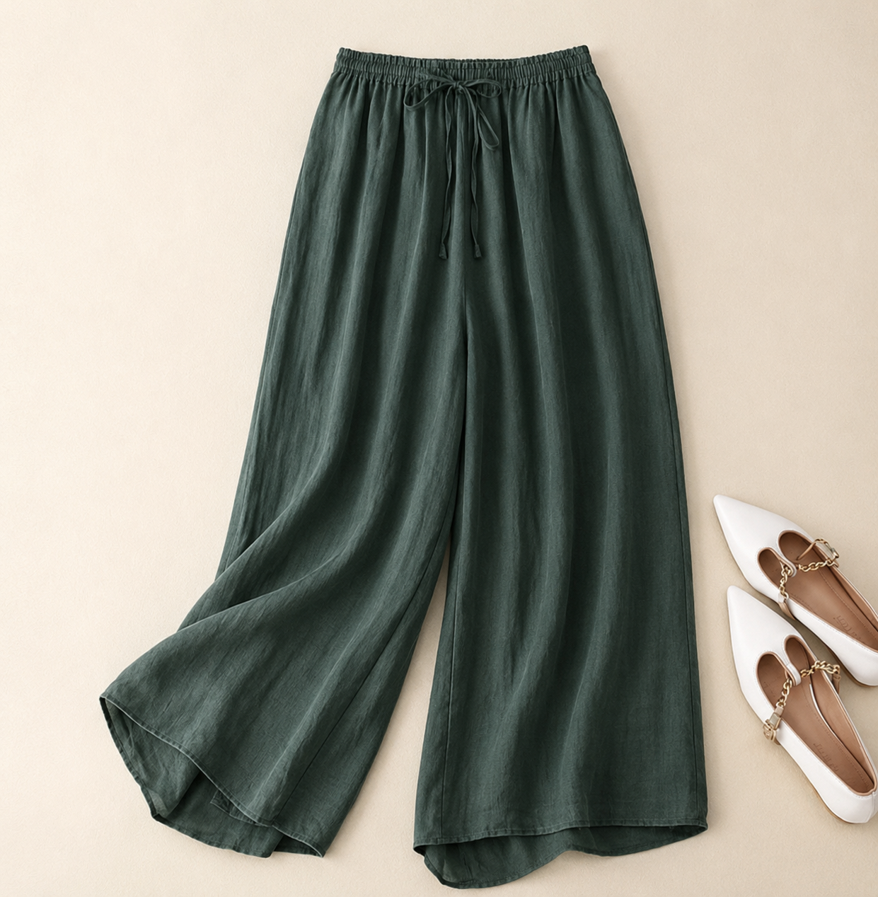 Effortless Linen Wide Leg Pants for Women with Elastic Waist Cropped Flowing Casual Style