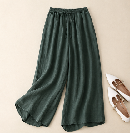 Effortless Linen Wide Leg Pants for Women with Elastic Waist Cropped Flowing Casual Style