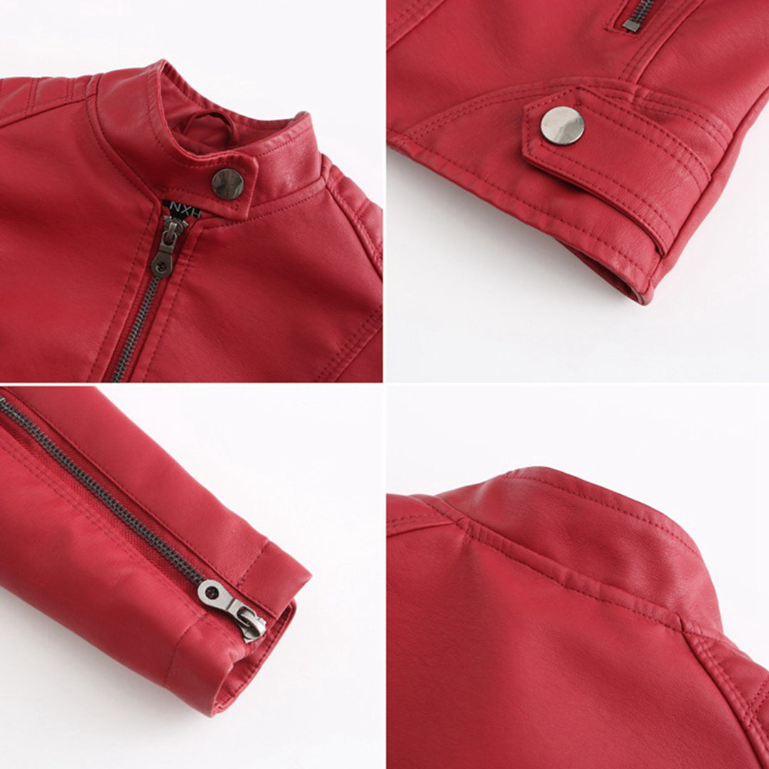 Elegant Faux Leather Moto Jacket for Women with Stand Collar Long Sleeve Zip Front Fitted Style