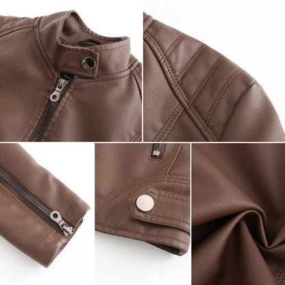 Elegant Faux Leather Moto Jacket for Women with Stand Collar Long Sleeve Zip Front Fitted Style