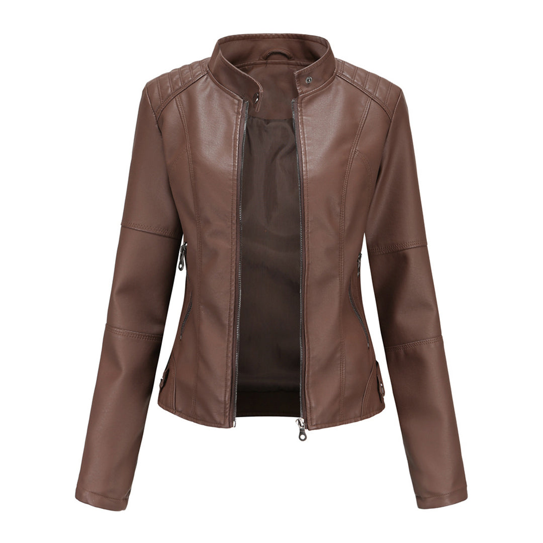 Elegant Faux Leather Moto Jacket for Women with Stand Collar Long Sleeve Zip Front Fitted Style