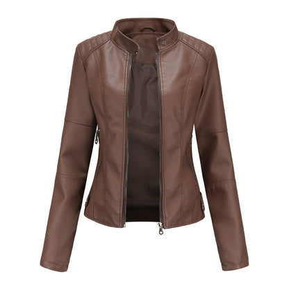 Elegant Faux Leather Moto Jacket for Women with Stand Collar Long Sleeve Zip Front Fitted Style
