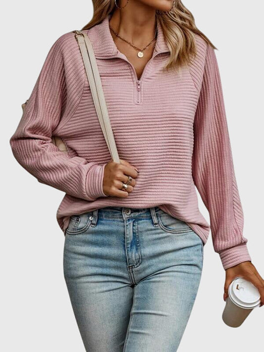 Comfortable Ribbed Quarter Zip Pullover for Women with Collar Long Sleeve Relaxed Oversized Knit Style