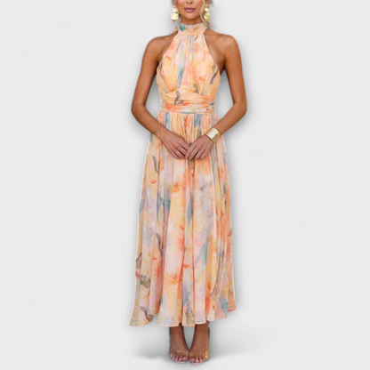 Elegant Floral Maxi Dress for Women with Halter Neck Open Back Flowy Skirt Formal Wedding Guest Style