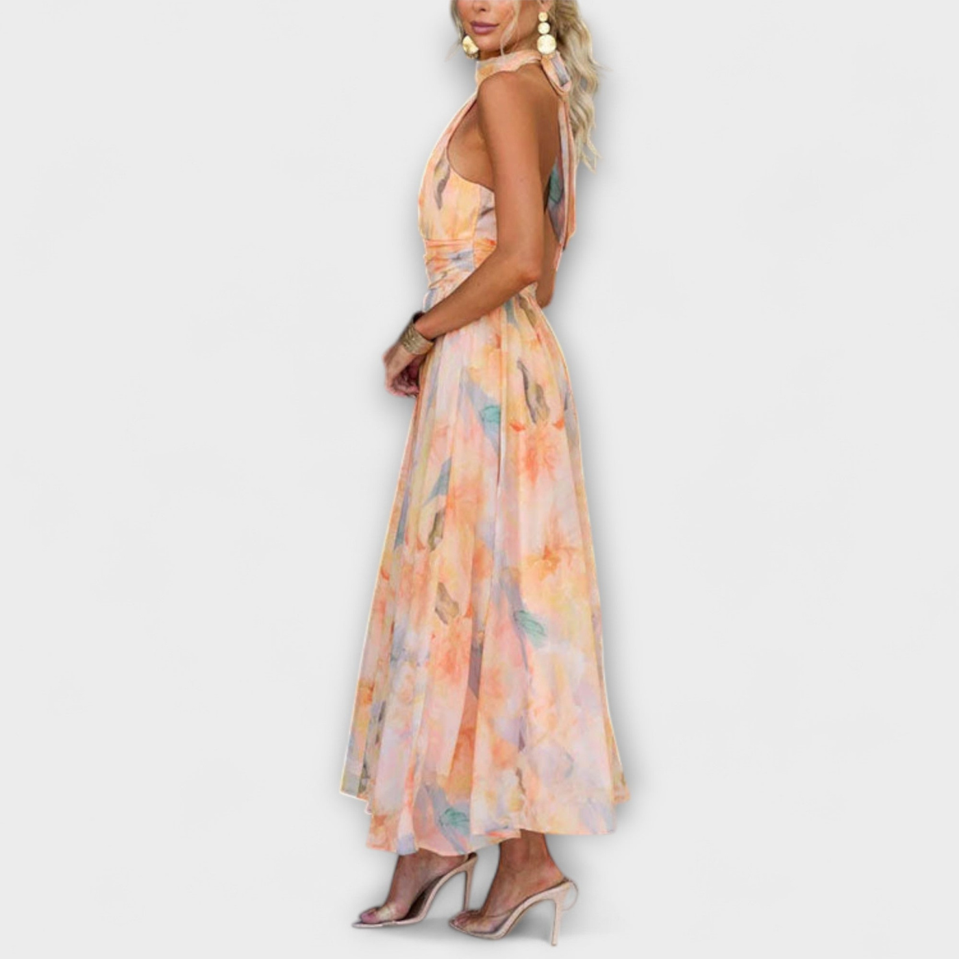 Elegant Floral Maxi Dress for Women with Halter Neck Open Back Flowy Skirt Formal Wedding Guest Style