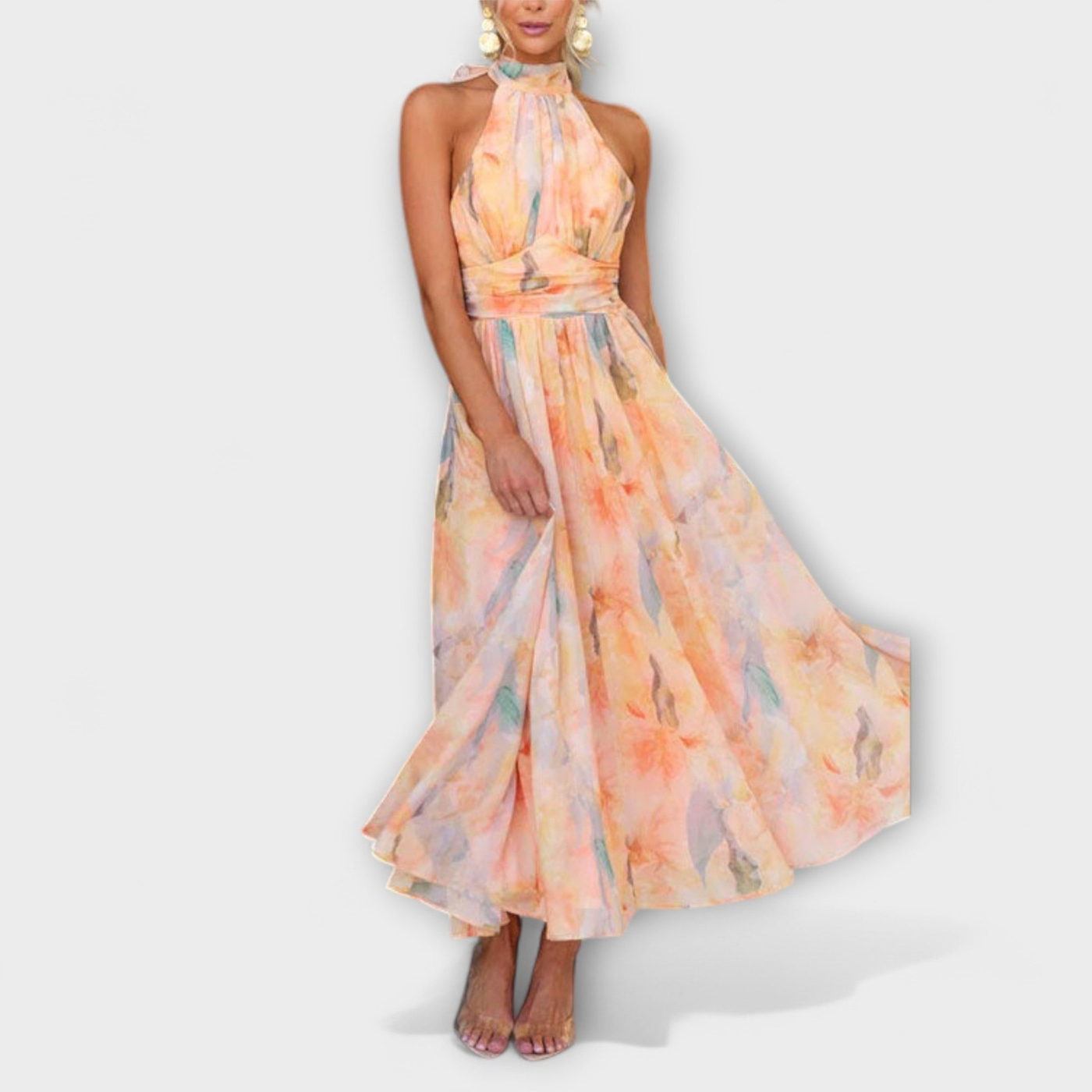 Elegant Floral Maxi Dress for Women with Halter Neck Open Back Flowy Skirt Formal Wedding Guest Style