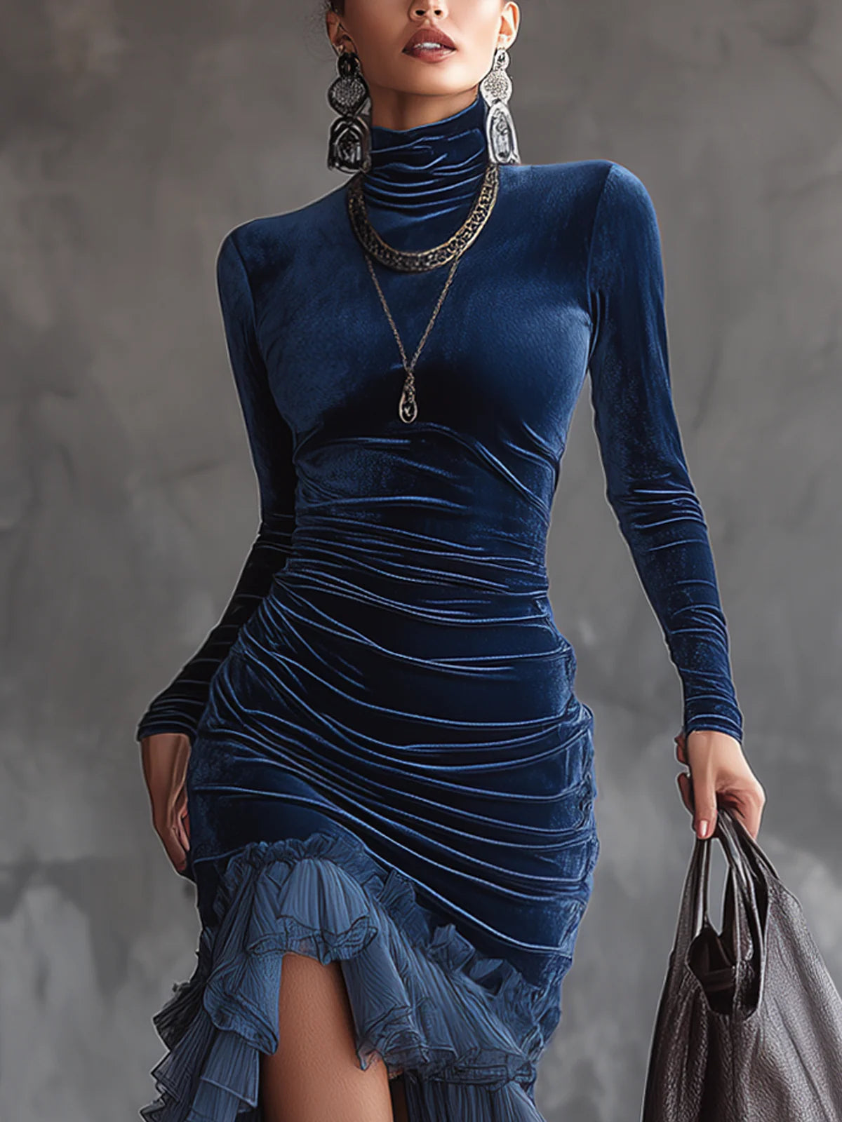 Elegant Dark Blue Velvet Mermaid Dress for Women with High Neck Long Sleeve Ruched Ruffle Flowing Style