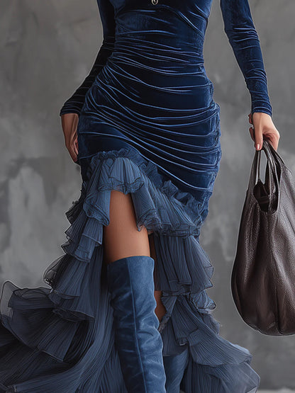 Elegant Dark Blue Velvet Mermaid Dress for Women with High Neck Long Sleeve Ruched Ruffle Flowing Style