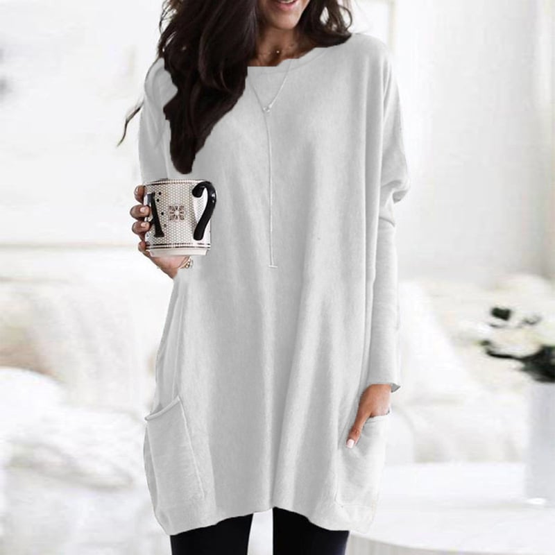 Comfortable Pocket Tunic Dress for Women with Round Neck Long Sleeve Relaxed Oversized Casual Style