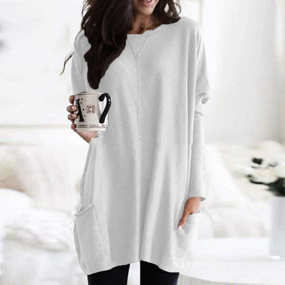 Comfortable Pocket Tunic Dress for Women with Round Neck Long Sleeve Relaxed Oversized Casual Style