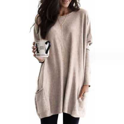 Comfortable Pocket Tunic Dress for Women with Round Neck Long Sleeve Relaxed Oversized Casual Style