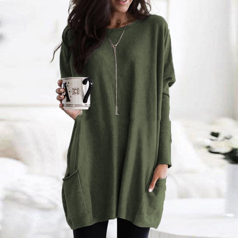 Comfortable Pocket Tunic Dress for Women with Round Neck Long Sleeve Relaxed Oversized Casual Style