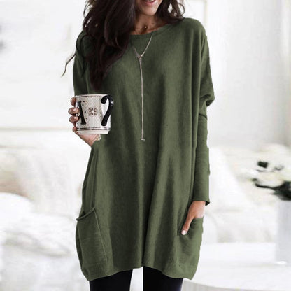 Comfortable Pocket Tunic Dress for Women with Round Neck Long Sleeve Relaxed Oversized Casual Style
