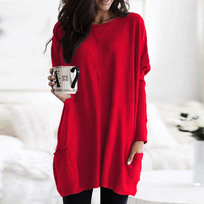 Comfortable Pocket Tunic Dress for Women with Round Neck Long Sleeve Relaxed Oversized Casual Style