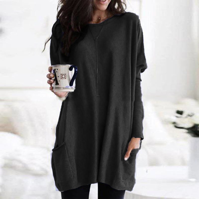 Comfortable Pocket Tunic Dress for Women with Round Neck Long Sleeve Relaxed Oversized Casual Style