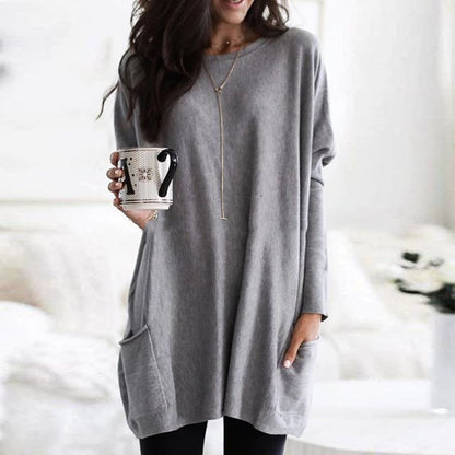 Comfortable Pocket Tunic Dress for Women with Round Neck Long Sleeve Relaxed Oversized Casual Style