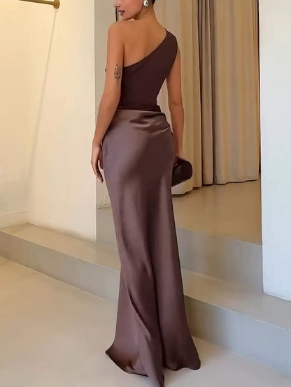 Elegant Satin Maxi Dress for Women with One Shoulder Ruched Waist Mermaid Flowing Style