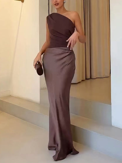 Elegant Satin Maxi Dress for Women with One Shoulder Ruched Waist Mermaid Flowing Style