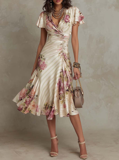 Elegant Ivory Floral Midi Dress for Women with Surplice V Neck Flutter Sleeve Ruched Formal Wedding Guest Style