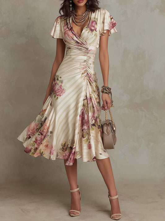 Elegant Ivory Floral Midi Dress for Women with Wrap V Neck Flutter Sleeve Ruched Flowing Style