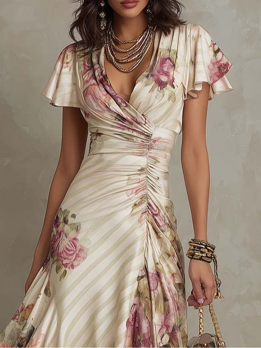 Elegant Ivory Floral Midi Dress for Women with Surplice V Neck Flutter Sleeve Ruched Formal Wedding Guest Style