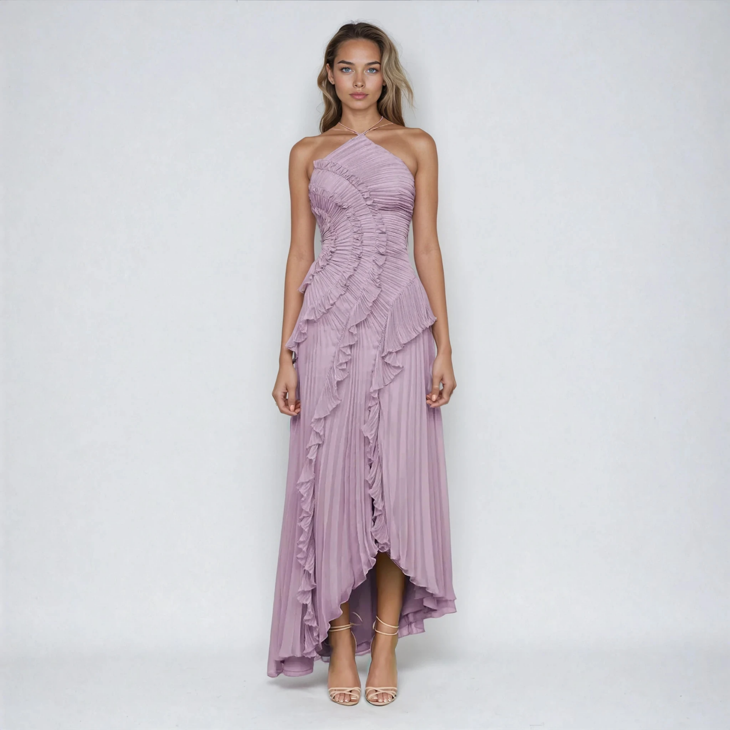 Elegant Mauve Maxi Dress for Women with Halter Neck Ruffle Cascade Slit Formal Wedding Guest Style