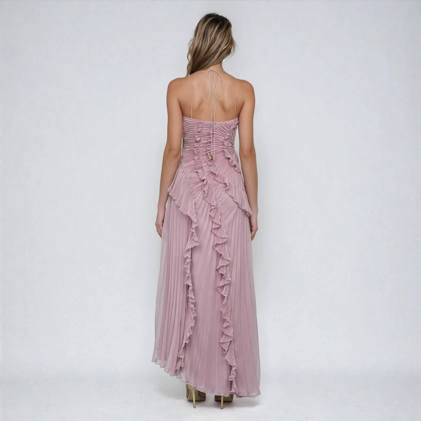 Elegant Mauve Maxi Dress for Women with Halter Neck Ruffle Cascade Slit Formal Wedding Guest Style