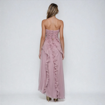 Elegant Mauve Maxi Dress for Women with Halter Neck Ruffle Cascade Slit Formal Wedding Guest Style
