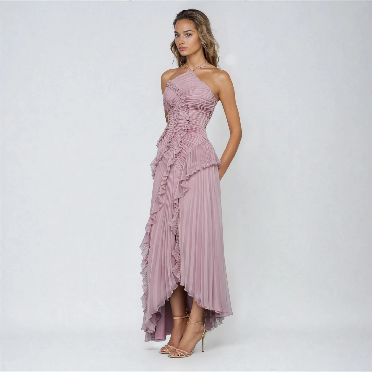 Elegant Mauve Maxi Dress for Women with Halter Neck Ruffle Cascade Slit Formal Wedding Guest Style
