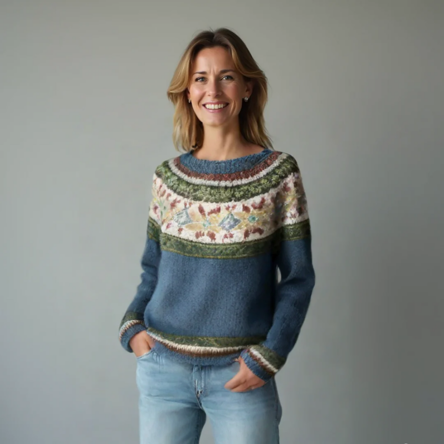 Comfortable Fair Isle Sweater for Women with Boat Neck Long Sleeve Relaxed Oversized Knit Style