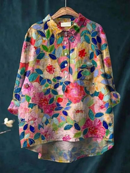 Effortless Floral Blouse for Women with Collar Long Sleeve Button Front High Low Hem Style
