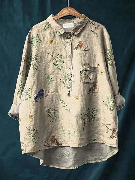 Effortless Floral Blouse for Women with Collar Long Sleeve Button Front High Low Hem Style