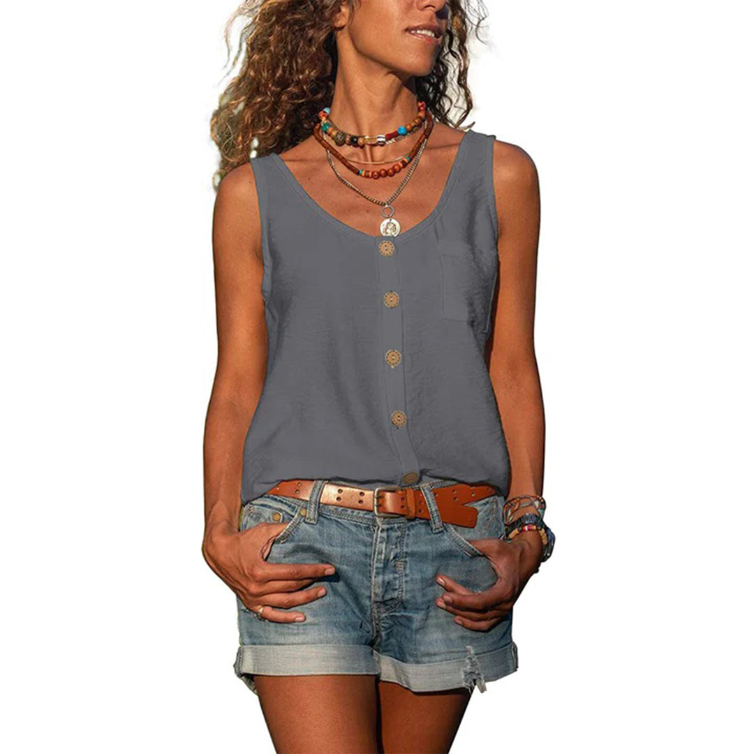 Effortless Linen Button Front Tank Top for Women with Scoop Neck Sleeveless Relaxed Boho Style