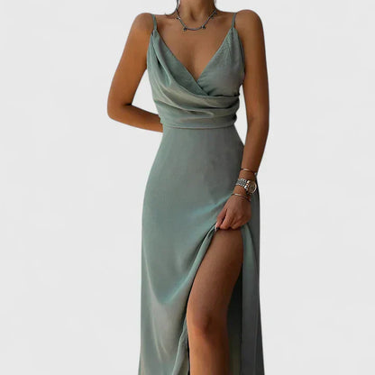 Elegant Satin Maxi Dress for Women with Cowl Neck Spaghetti Strap High Slit Formal Wedding Guest Style