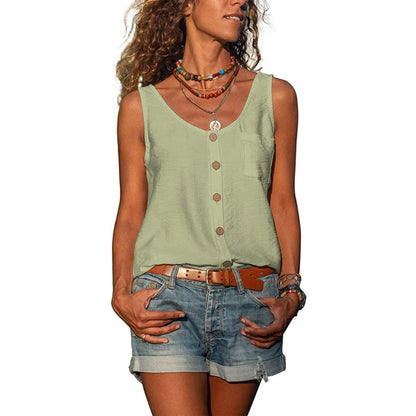 Effortless Linen Button Front Tank Top for Women with Scoop Neck Sleeveless Relaxed Boho Style
