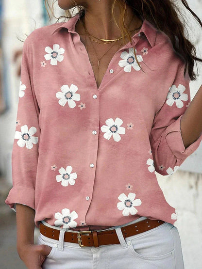 Effortless Floral Blouse for Women with Collar Long Sleeve Button Front Relaxed Style
