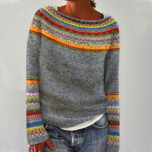 Comfortable Tribal Print Sweater for Women with Round Neck Long Sleeve Relaxed Oversized Knit Style
