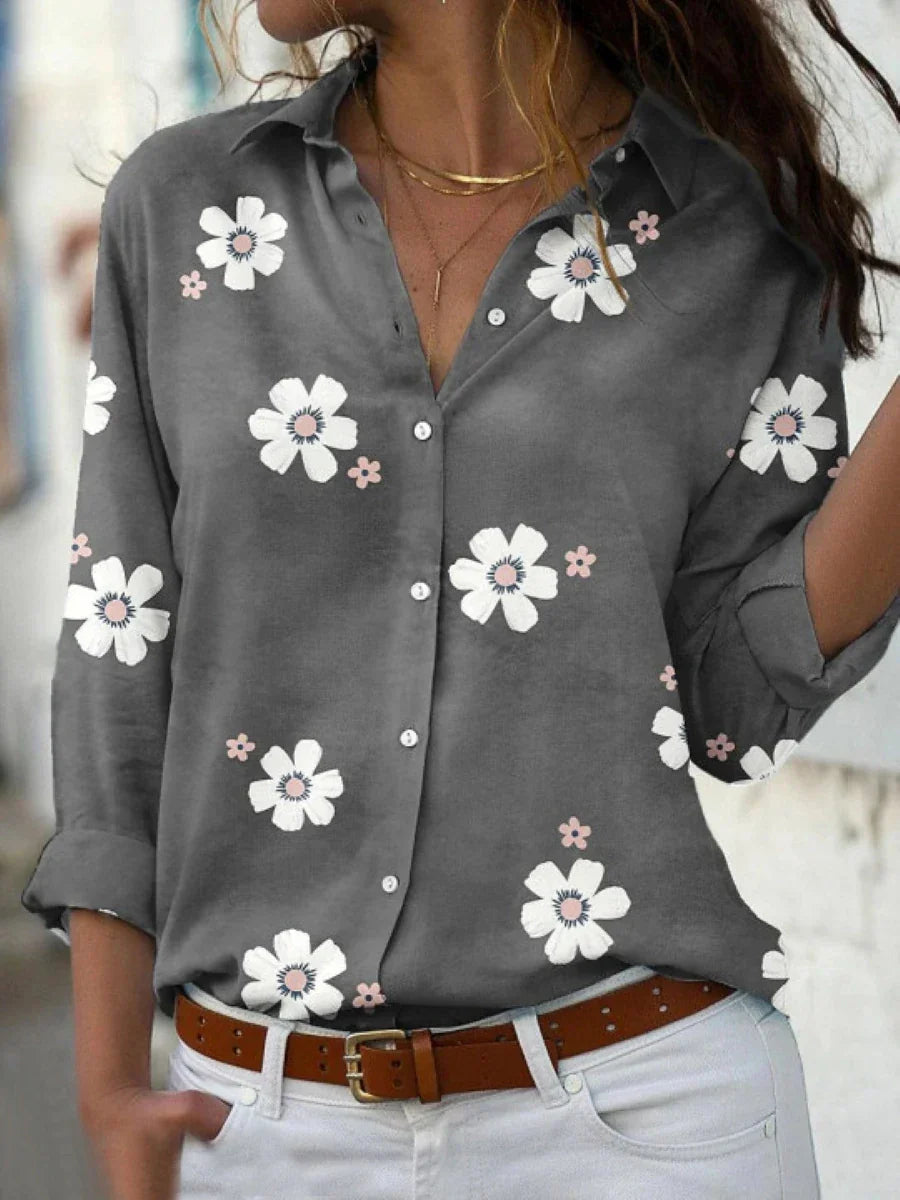 Effortless Floral Blouse for Women with Collar Long Sleeve Button Front Relaxed Style