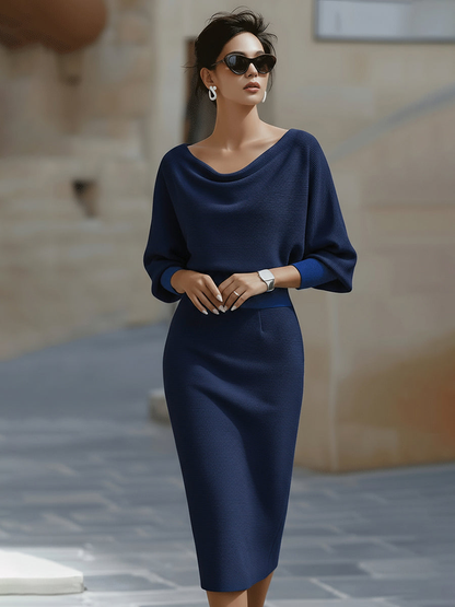 Elegant Cowl Neck Midi Dress for Women with Batwing Sleeve Fitted Silhouette Formal Wedding Guest Style