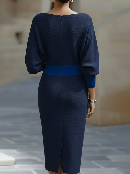 Elegant Cowl Neck Midi Dress for Women with Batwing Sleeve Fitted Silhouette Formal Wedding Guest Style