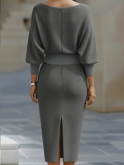 Elegant Cowl Neck Midi Dress for Women with Batwing Sleeve Fitted Silhouette Formal Wedding Guest Style