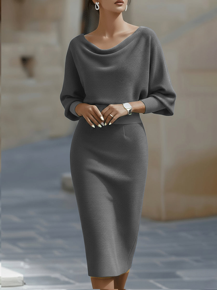 Elegant Cowl Neck Midi Dress for Women with Batwing Sleeve Fitted Silhouette Formal Wedding Guest Style