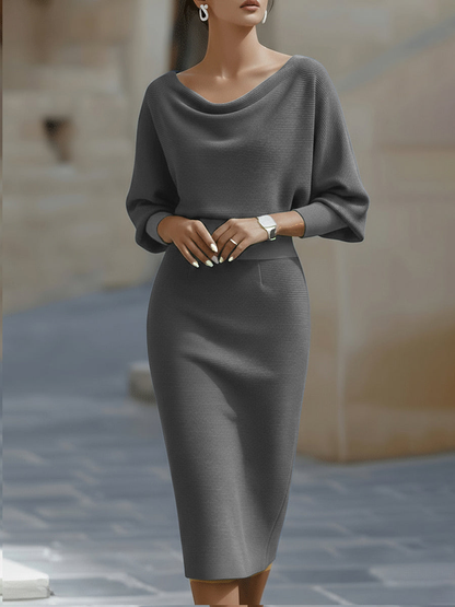 Elegant Cowl Neck Midi Dress for Women with Batwing Sleeve Fitted Silhouette Formal Wedding Guest Style